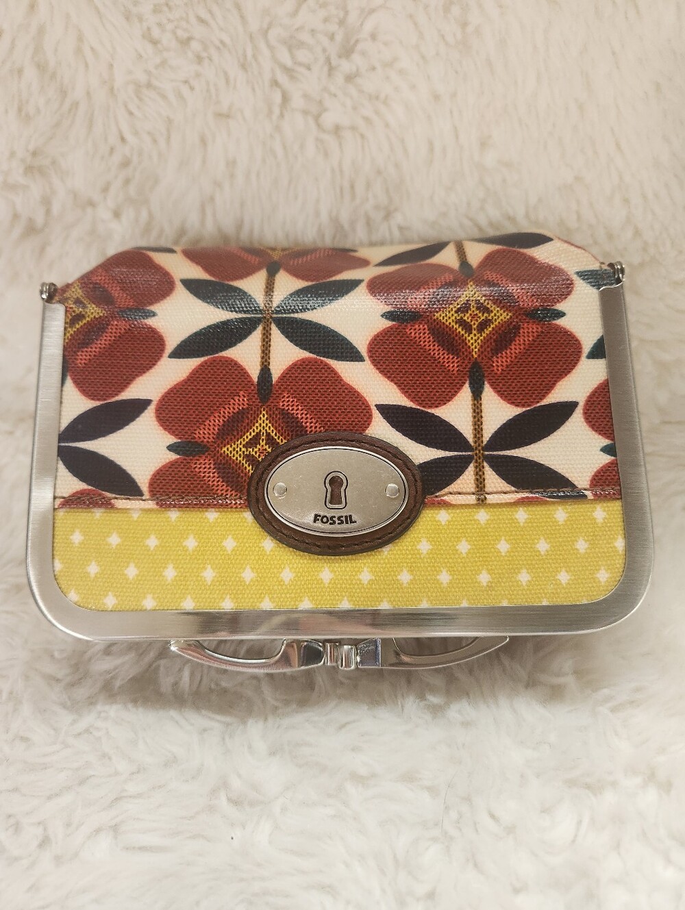 Fossil Key-Per Retro Floral Coated Canvas Framed Cosmetic Makeup Bag Mirror Y2K